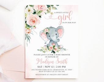May include: A pink and white baby shower invitation with a watercolor illustration of a gray elephant wearing a pink flower crown. The text reads "A sweet little girl is on her way."  "Please join us for a baby shower in honor of Madison Smith. Sat Nov 12 | 2:00 PM. 1262 Wando Park Blvd, Charleston, SC 29407. RSVP to Emile at 123-456-7891. Registered at Amazon and Target."