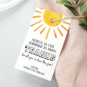 Modello di etichetta regalo per ringraziare gli insegnanti durante l'estate, etichette di ringraziamento Sunshine stampabili, etichette di ringraziamento per gli insegnanti modificabili, etichette regalo di fine anno