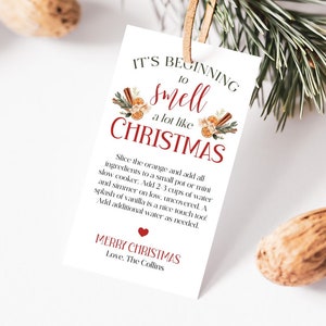 Op de afbeelding: Witte cadeau-tag met een rood hart en de tekst "It's beginning to smell a lot like Christmas". De tag is versierd met een aquarel-illustratie van kaneelstokjes, sinaasappels en kruidnagels.