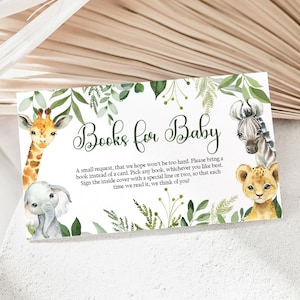 Boeken voor babykaart, safari babyshowerboekkaart, babyshowerboekverzoekkaart, jungledieren babyshower, breng een boek mee, afdrukbaar, SAB1