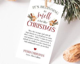 Etiqueta que empieza a oler mucho a Navidad, etiqueta de regalo editable con popurrí para cocinar en la estufa, etiqueta de regalo imprimible para maestros de Navidad, aromas navideños