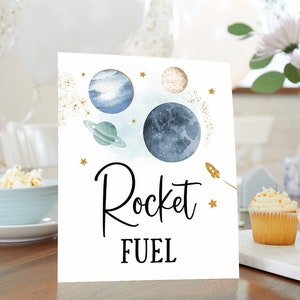 Signo de fiesta de cumpleaños del espacio exterior, signo de fiesta espacial de combustible de cohetes, decoraciones de cumpleaños de galaxias, letrero de mesa de refrigerios de bebidas, planetas imprimibles FST1