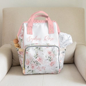 Custom Diaper Bag, Girl Diaper Bag Backpack, Baby Shower Gift, Pink Floral Diaper Bag Multiuse Backpack, Personalized Baby Bag, New Mom Gift