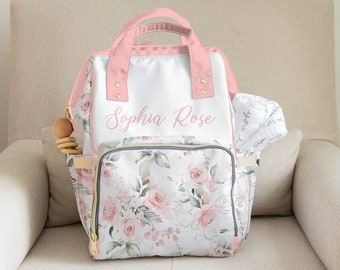 Custom Diaper Bag, Girl Diaper Bag Backpack, Baby Shower Gift, Pink Floral Diaper Bag Multiuse Backpack, Personalized Baby Bag, New Mom Gift