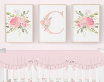 Custom Girl Nursery Prints Floral, Floral Nursery Decor, Floral Monogram Nursery Prints, Girl Nursery Decor, Pink Floral Nursery Prints Gold