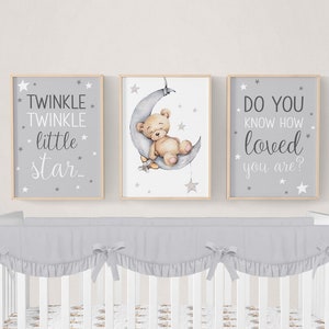 Teddy Bear Nursery Decor, Nursery Wall Art, Moon Wall Decor, Twinkle Twinkle Little Star, Set of 3 Boy Nursery Prints, Moon Stars Nursery