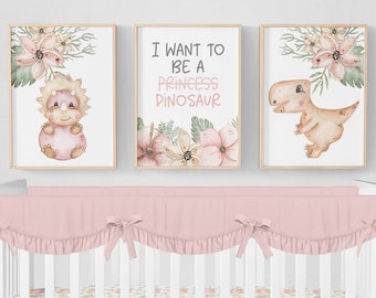 Baby Girl Dinosaur Nursery Prints, Dinosaur Nursery Decor, Set of 3 Prints, Baby Girl Nursery Decor, Dinosaur Wall Decor Girl Nursery Prints