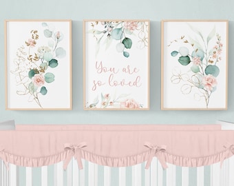Rose gold muted colors floral boarder Baby monogram print Custom name printable wall art Farm nursery print set of 3