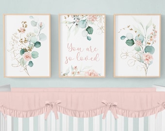 Eucalyptus Nursery Prints, Pink Floral Nursery Prints, Set of 3 Prints, You Are So Loved, Eucalyptus Nursery Decor, Baby Girl Nursery Prints