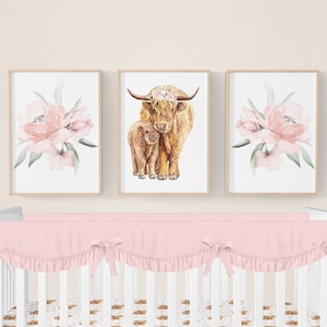 Highland Cow Nursery Prints, Pink Floral Nursery Prints, Set of 3 Farm Nursery Prints, Baby Girl Nursery Decor, Highland Cow Nursery Decor