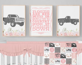 Floral Truck Nursery Prints, Country Nursery Decor, Set of 3, Baby Girl Nursery Decor, Country Baby Nursery Prints, Baby Girl Nursery Prints