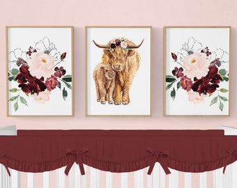 Highland Cow Kinderzimmer Drucke, Floral 3er Set Bauernhof Kinderzimmer Prints, Highland Kuh Baby Mädchen, Highland Cow Kinderzimmer Dekor rosa
