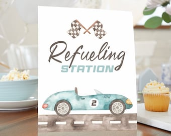 Fueling Station Race Car Sign, Race Car Birthday Sign, Two Fast Birthday Party Decorations Boy, Blue Vintage Race Car, Drinks Download, RCB1