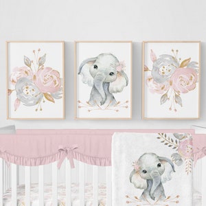 Floral Elephant Nursery Prints, Floral Nursery Prints, Elephant Nursery Decor, Set of 3 Prints, Girl Nursery Prints, Floral Elephant Print