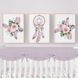 Boho Nursery Prints, Floral Dreamcatcher Nursery Prints, Girl Nursery Prints Nursery Wall Art, Boho Nursery Decor, Set of 3 Boho Wall Prints