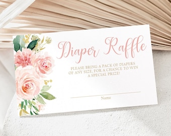 Boletos para la rifa de pañales de baby shower floral rosa rubor, tarjeta de rifa de pañales de baby shower imprimible, juego de baby shower para niña imprimible Descargar PFB1