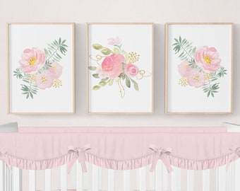 Pink Floral Nursery Prints, Girl Nursery Prints Floral Nursery Decor, Girl Nursery Decor, Pink and Gold Floral Wall Decor, Watercolor Floral
