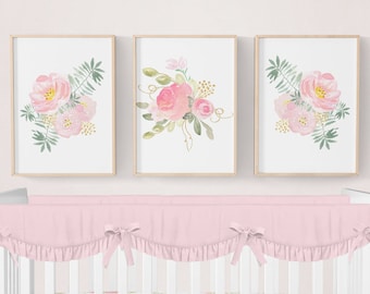 Stampe per la cameretta dei bambini con motivi floreali rosa, stampe per la cameretta dei bambini con motivi floreali, decorazioni per la cameretta dei bambini con motivi floreali rosa e oro, stampe floreali ad acquerello