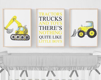 Construction Nursery Prints, Construction Nursery Decor, Set of 3 Prints, Baby Boy Nursery Decor, Construction Theme, Tractors, Trucks