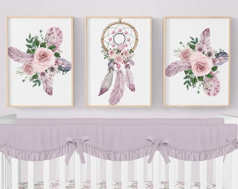 Boho Nursery Prints, Floral Dreamcatcher Nursery Prints, Girl Nursery Prints Nursery Wall Art, Boho Nursery Decor, Set of 3 Boho Wall Prints