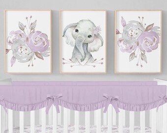 Floral Elephant Nursery Prints, Floral Nursery Prints, Elephant Nursery Decor, Set of 3 Prints, Girl Nursery Prints, Purple Nursery Prints