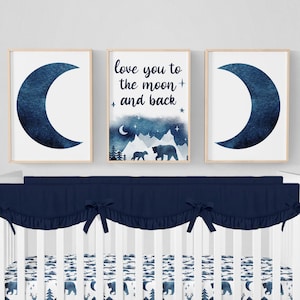 Moon Nursery Prints, Love You To The Moon and Back, Woodland Nursery Prints, Set of 3 Prints Boy Nursery Decor, Navy Blue Moon Nursery Decor