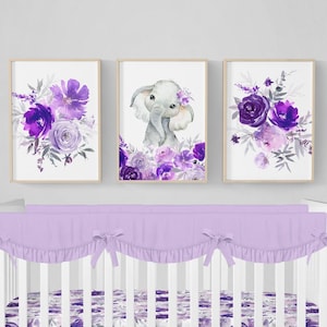 Elephant Nursery Print, Floral Elephant Nursery Decor, Purple Floral Nursery Art, Nursery Wall Art, Baby Girl Nursery Decor, Set Of 3 Prints