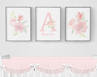 Personalized Floral Initial Print, Nursery Art Prints Girl, Watercolor Floral Nursery, Girl Nursery Decor, Pink Monogram Art, Nursery Prints
