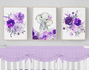 Elephant Nursery Print, Floral Elephant Nursery Decor, Purple Floral Nursery Art, Nursery Wall Art, Baby Girl Nursery Decor, Set Of 3 Prints