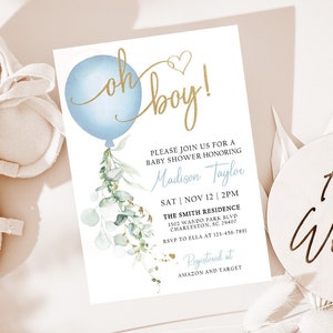 Invito per baby shower Oh Boy, Invito per baby shower con palloncino blu, Modello di invito modificabile per Baby Shower Oh Boy, Invito per baby shower BBS1