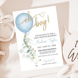 Oh Boy Baby Shower Invitation, Blue Balloon Baby Shower Invite, Oh Boy Baby Shower Editable Invitation Template, Boy Shower Invitation BBS1