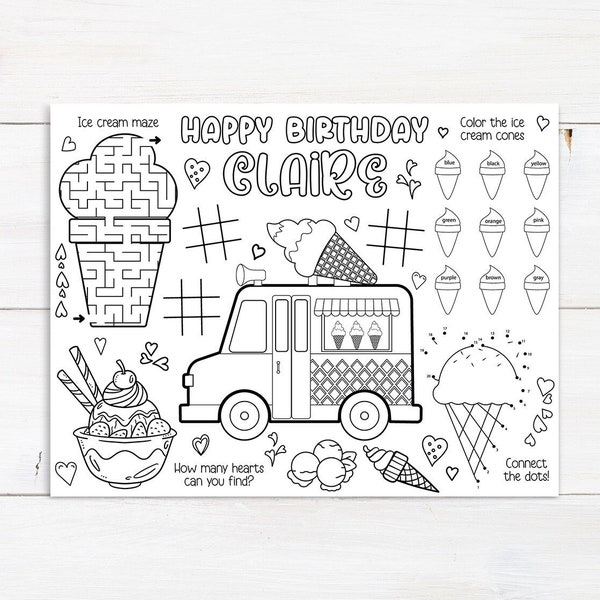 Ice Cream Truck Coloring Placemat, Ice Cream Party Coloring Page, Personalized Kids Coloring Page, Editable Party Activity Sheet Printable