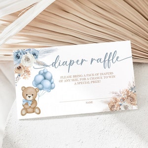 Boy Teddy Bear Diaper Raffle Card, We Can Bearly Wait Baby Shower Diaper Raffle Ticket, Blue Boho Teddy Bear Baby Shower Game Printable BTB1