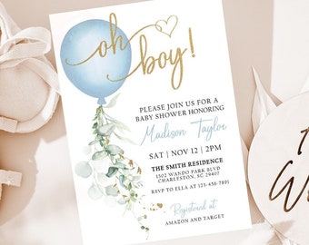 May include: A baby shower invitation featuring a blue balloon and foliage. The invitation reads "Oh boy!" and includes the event details, such as the date, time, and location. The text also states "Registered at Amazon and Target".