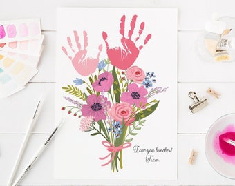 Impresión de arte de huellas del Día de la Madre, Arte artesanal de huellas de flores, Manualidades del Día de la Madre para niños imprimibles, Ramo de flores de huellas, Regalo de los niños