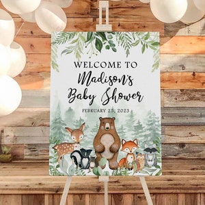 Letrero de bienvenida para baby shower con temática de bosque, decoración para baby shower con temática de bosque, póster neutro para baby shower con temática de bosque WS1