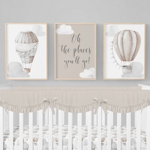 Hot Air Balloon Nursery Prints, Oh the Places You'll Go, Set of 3 Prints, Neutral Nursery Prints, Baby Boy Nursery Prints, Adventure Decor