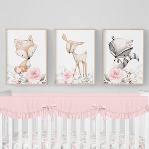 Woodland Nursery Prints, Pink Floral Prints, Woodland Nursery Decor, Set of 3 Prints, Baby Girl Nursery Decor, Woodland Animal Prints Deer