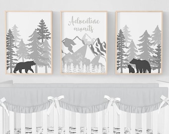 Woodland Nursery Prints, Bear Nursery Prints, Adventure Awaits Print, Grey Woodland Nursery Decor, Set of 3 Prints, Baby Boy Nursery Prints