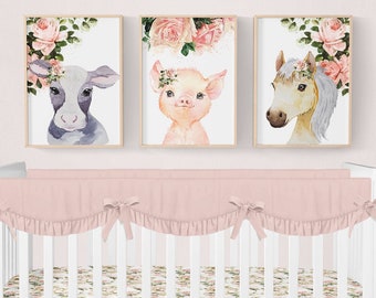 Farm Nursery Prints, Pink Floral Nursery Prints, Set of 3, Farmhouse Nursery Prints, Girl Nursery Decor, Farm Animals Print, Cow, Pig, Horse