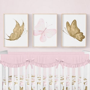 Schmetterling Kinderzimmer Druck, 3er Set, Mädchen Druck, Schmetterling Kinderzimmer Dekor, Mädchen Dekor, Schmetterling Kinderzimmer Wand Kunst, Rosa, Gold