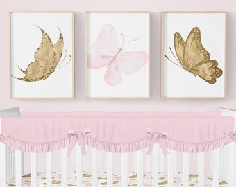 Impresiones de vivero de mariposas, conjunto de 3, impresiones de vivero de niñas, decoración de vivero de mariposas, decoración de vivero de niñas, arte de pared de vivero de mariposas, rosa, oro