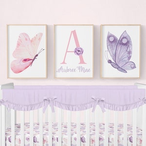 Butterfly Nursery Prints, Set of 3 Personalized Girl Prints, Pink And Purple Butterfly Nursery Decor, Girl Nursery Decor, Butterfly Wall Art