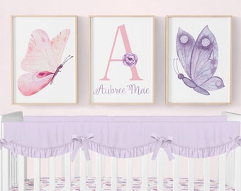 Láminas de mariposas para habitación infantil, set de 3 láminas personalizadas para niña, decoración de mariposas rosas y moradas para habitación infantil, decoración para habitación infantil de niña, arte de pared de mariposas