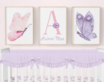 Butterfly Nursery Prints, Set of 3 Personalized Girl Prints, Pink And Purple Butterfly Nursery Decor, Girl Nursery Decor, Butterfly Wall Art