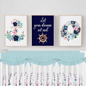 Nautical Nursery Prints, Let Your Dreams Set Sail, Set of 3, Nautical Nursery Girl, Girl Nursery Decor, Coastal Nursery, Ocean Nursery Print