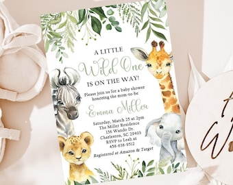 Editable Safari Baby Shower Invitación, Wild One Is On The Way Jungle Baby Shower Invitación, Greenery Baby Boy Invite Instant Download SAB1