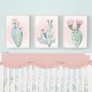 Cactus Nursery Prints, Baby Girl Nursery Wall Art, Set of 3 Prints, Cactus Nursery Art, Cactus Nursery Decor, Pink Floral Cactus Wall Prints