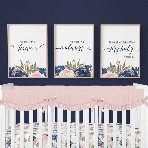Floral Nursery Prints, Baby Girl Nursery Decor, Floral Nursery Decor, Watercolor Floral Print, Blush Pink Watercolor Flower Print, Navy Blue