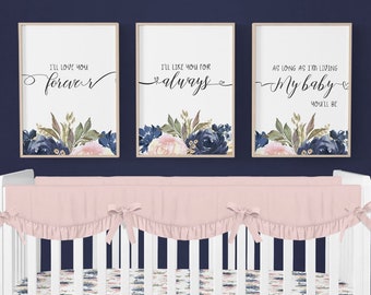 Floral Nursery Prints, Baby Girl Nursery Decor, Floral Nursery Decor, Watercolor Floral Print, Blush Pink Watercolor Flower Print, Navy Blue
